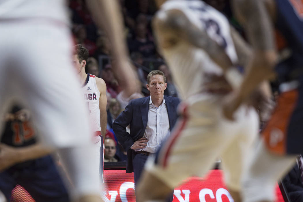 Gonzaga head coach Mark Few watches his team play defense in the second half during their West Coast Conference semifinal game with Pepperdine on Monday, March 11, 2019, at Orleans Arena, in Las V ...