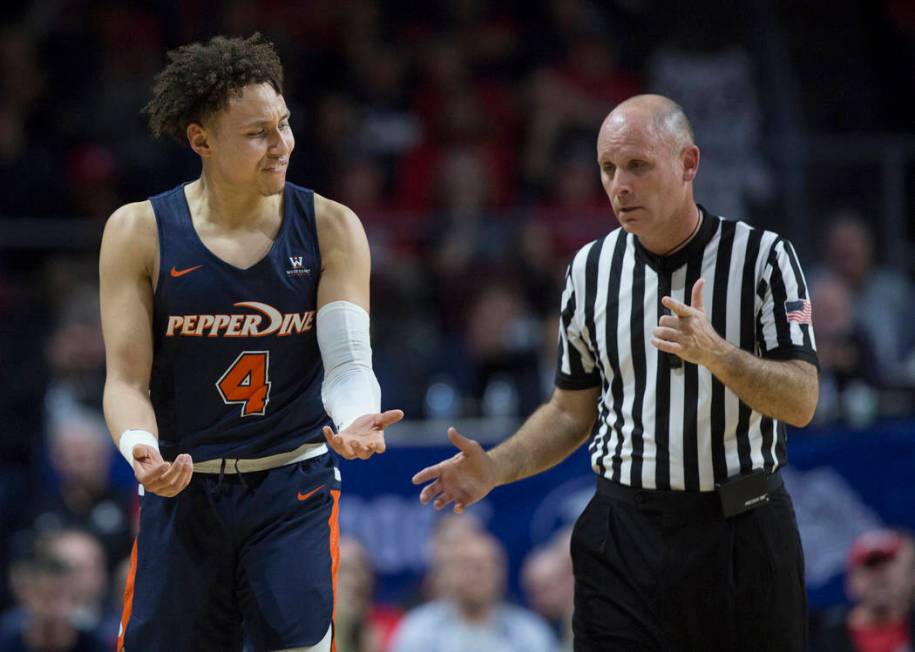 Pepperdine sophomore guard Colbey Ross (4) argues a call in the first half during their West Coast Conference semifinal game with Gonzaga on Monday, March 11, 2019, at Orleans Arena, in Las Vegas. ...