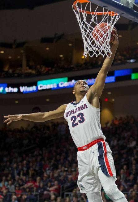 Gonzaga sophomore guard Zach Norvell Jr. (23) converts a fast-break layup in the first half during their West Coast Conference semifinal game with Pepperdine on Monday, March 11, 2019, at Orleans ...