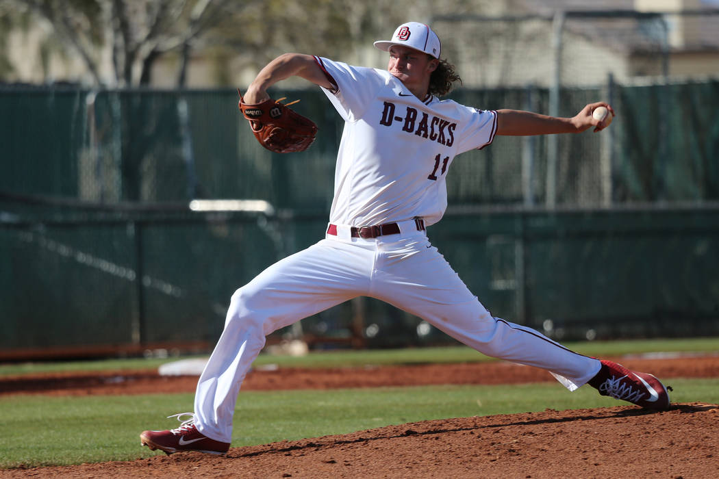 Desert Oasis' Josh Sharman (11) pitches against Palo Verde in the baseball game at Desert Oasis High School in Las Vegas, Tuesday, March 12, 2019. Erik Verduzco Las Vegas Review-Journal @Erik_Verduzco