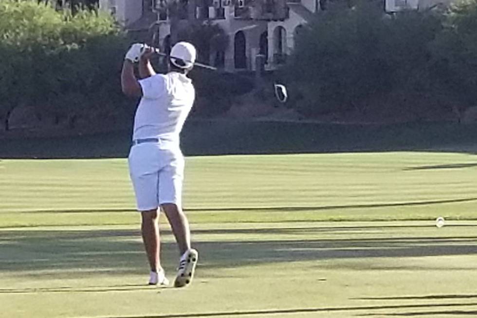 Faith Lutheran freshman Aidan Goldstein tees off on the 18th hole on Monday, May 14, 2018 at Reflection Bay. (Damon Seiters/Las Vegas Review-Journal)