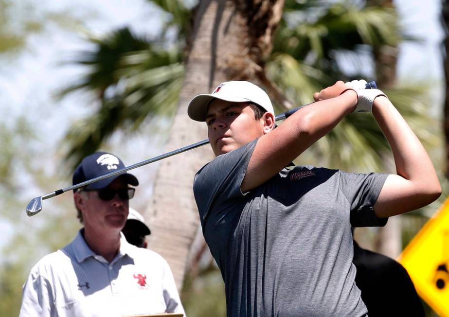 Coronado High's Dylan Fritz watches his tee drive during the 2018 NIAA 4A State boys golf tournament at Reflection Bay Golf Club on Monday, May 14, 2018, in Henderson. Bizuayehu Tesfaye/Las Vegas ...