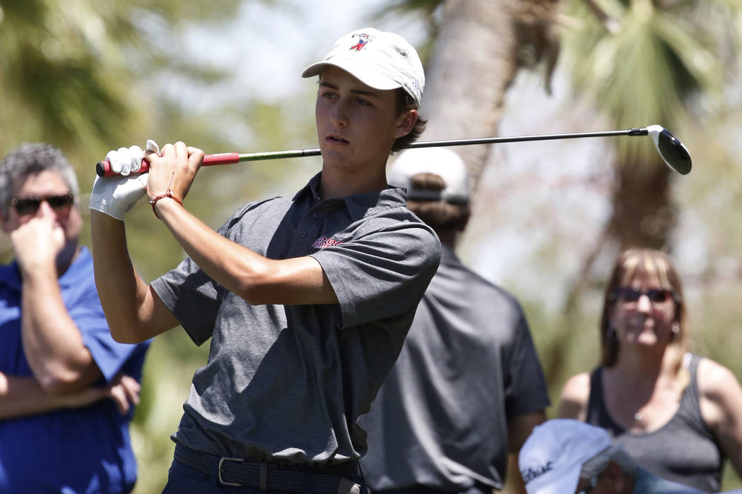 Coronado High's Benjamin Sawaia watches his tee drive during the 2018 NIAA 4A State boys golf tournament at Reflection Bay Golf Club on Monday, May 14, 2018, in Henderson. Bizuayehu Tesfaye/Las Ve ...