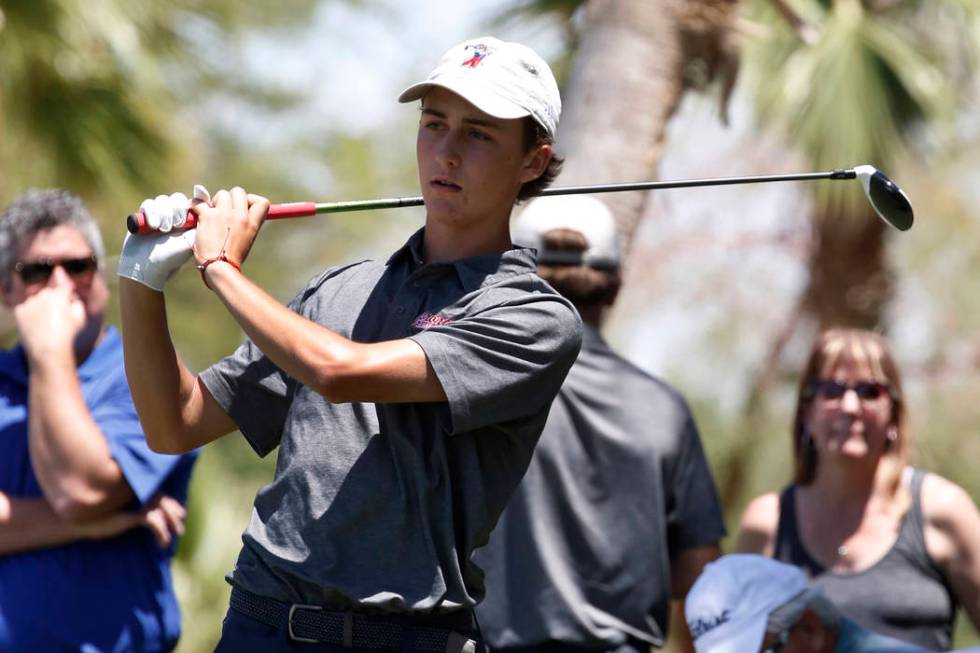 Coronado High's Benjamin Sawaia watches his tee drive during the 2018 NIAA 4A State boys golf tournament at Reflection Bay Golf Club on Monday, May 14, 2018, in Henderson. Bizuayehu Tesfaye/Las Ve ...