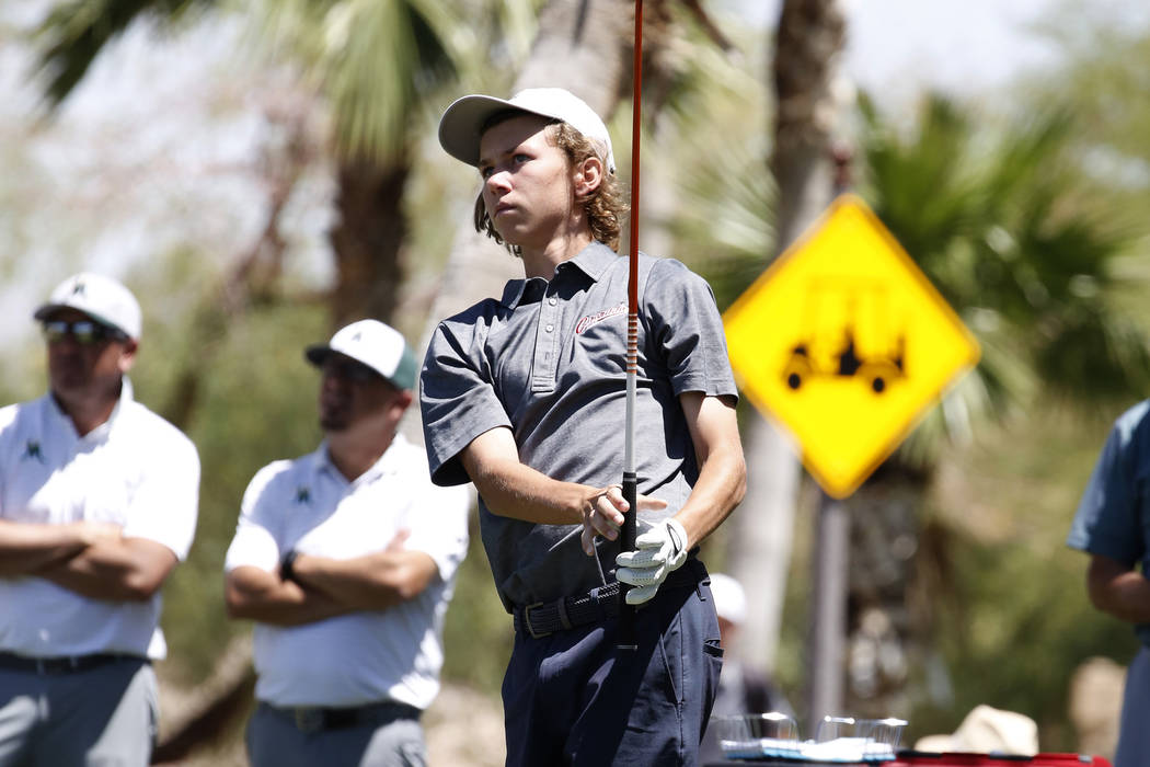 Coronado High's Brett Sodetz watches his tee drive during the 2018 NIAA 4A State boys golf tournament at Reflection Bay Golf Club on Monday, May 14, 2018, in Henderson. Bizuayehu Tesfaye/Las Vegas ...