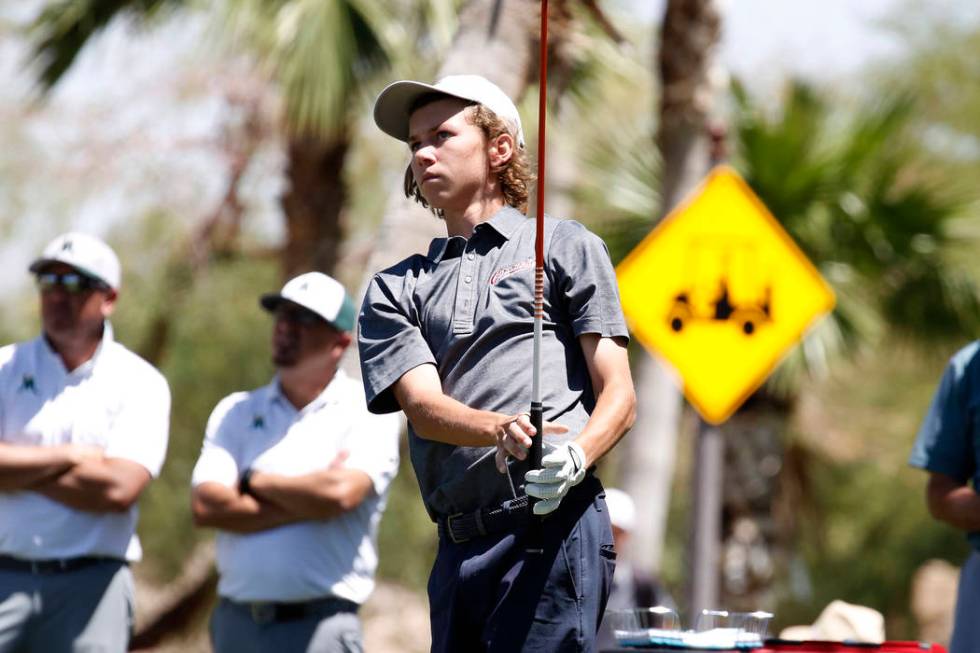 Coronado High's Brett Sodetz watches his tee drive during the 2018 NIAA 4A State boys golf tournament at Reflection Bay Golf Club on Monday, May 14, 2018, in Henderson. Bizuayehu Tesfaye/Las Vegas ...