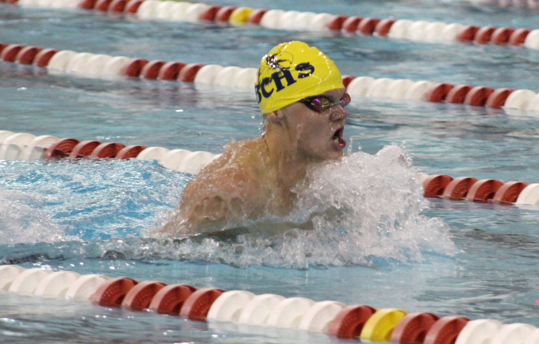 Boulder City's A.J. Pouch competes in the 200 breaststroke at the Class 3A state swimming championships at UNLV on Saturday, May 19, 2018. (Tim Guesman/Las Vegas Review-Journal)