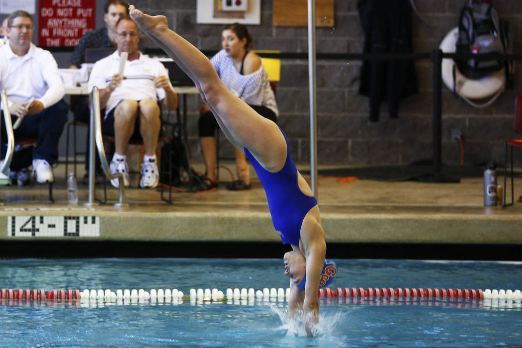 Olivia Gordon, of Bishop Gorman High School, competes in the Class 4A Sunset Region diving competition at UNLV's Buchanan Natatorium in Las Vegas on Monday, May 7, 2018. Andrea Cornejo Las Vegas R ...