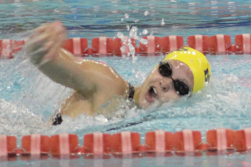 Boulder City's Rose Pouch competes in the 200 individual medley at the Class 3A state swimming championships at UNLV on Saturday, May 19, 2018. (Tim Guesman/Las Vegas Review-Journal)