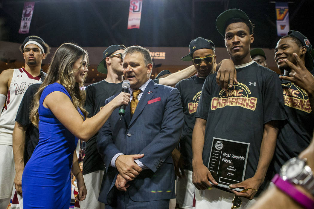 New Mexico State Aggies head coach Chris Jans is interviewed after winning the WAC final game at the Orleans Arena in Las Vegas on Saturday, March 10, 2018. Patrick Connolly Las Vegas Review-Jour ...