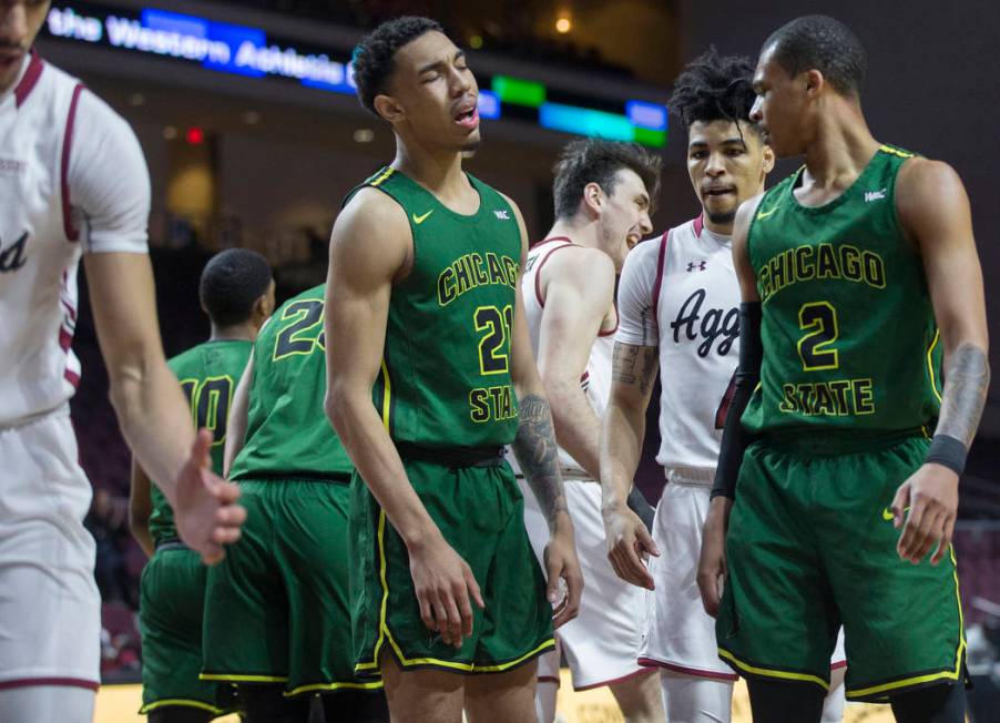 Chicago State sophomore forward Cameron Bowles (21) expresses his frustration with a call during the Cougars opening round Western Athletic Conference tournament game with New Mexico State on Thur ...