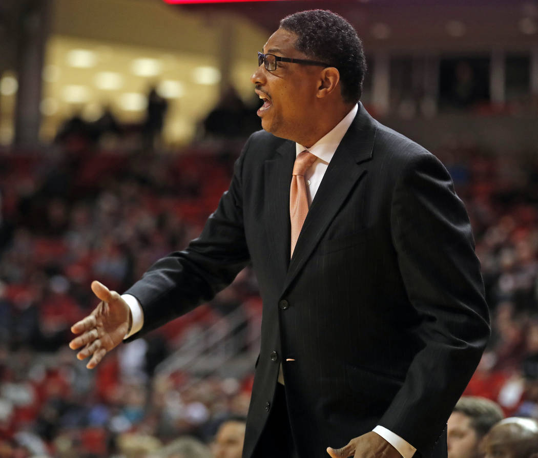 Texas-Rio Grande Valley coach Lew Hill yells to his players during the first half of an NCAA college basketball game against Texas Tech, Friday, Dec. 28, 2018, in Lubbock, Texas. (AP Photo/Brad To ...