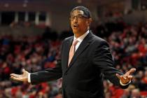 Texas-Rio Grande Valley coach Lew Hill argues a call with the referee during the second half of an NCAA college basketball game against Texas Tech, Friday, Dec. 28, 2018, in Lubbock, Texas. (AP Ph ...