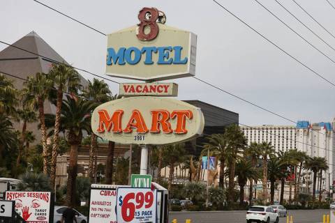 Motel 8 sign is seen on the Strip on Friday, March 1, 2019, in Las Vegas. The Motel 8's landlord wants to bulldoze the building and build a hotel-casino. (Bizuayehu Tesfaye Las Vegas Review-Journa ...