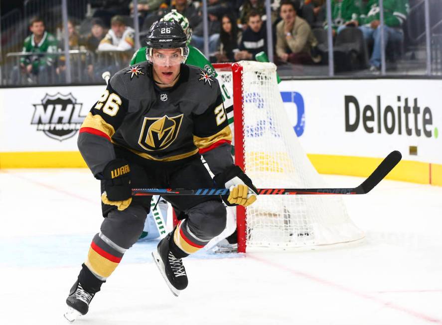 Golden Knights center Paul Stastny (26) chases after the puck during the second period of an NHL hockey game against the Dallas Stars at T-Mobile Arena in Las Vegas on Tuesday, Feb. 26, 2019. (Cha ...