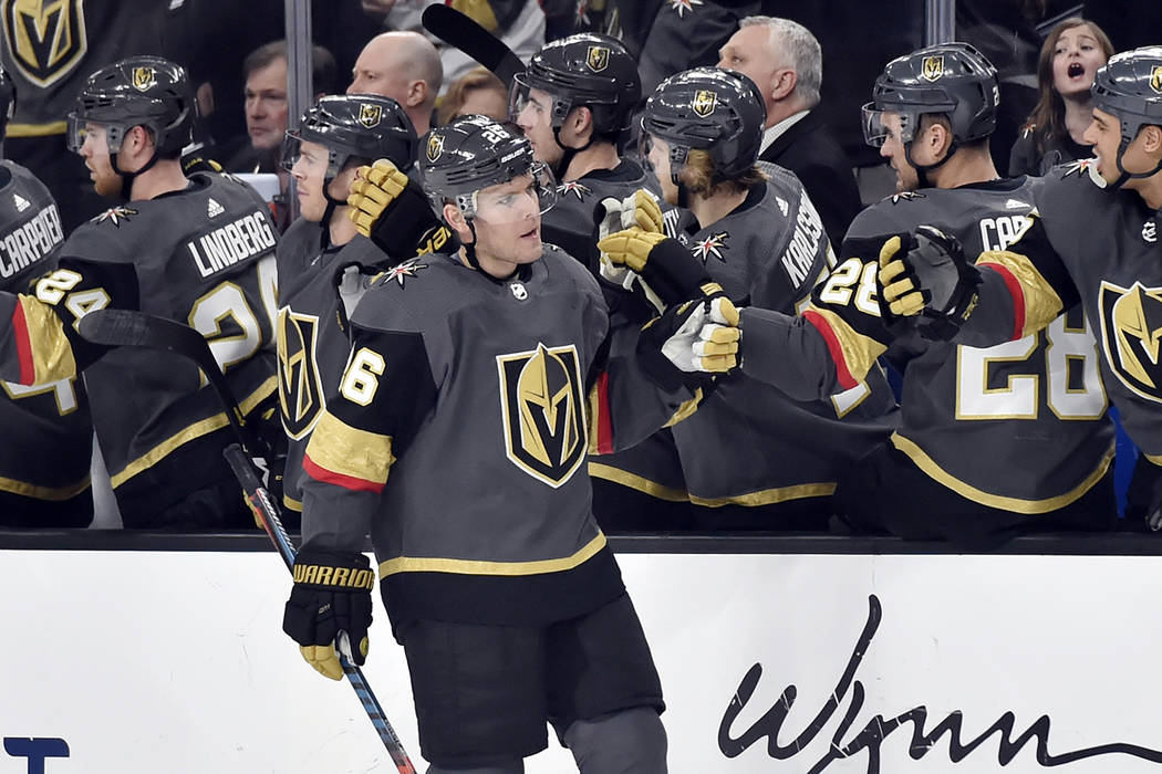 Vegas Golden Knights center Paul Stastny (26) fist bumps his teammates after scoring against the Colorado Avalanche during the first period of an NHL hockey game Thursday, Dec. 27, 2018, in Las Ve ...