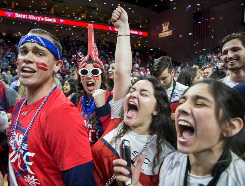 St. Mary's fans celebrates after the Gaels upset Gonzaga 60-47 to win the West Coast Conference championship on Tuesday, March 12, 2019, at Orleans Arena, in Las Vegas. (Benjamin Hager Review-Jou ...