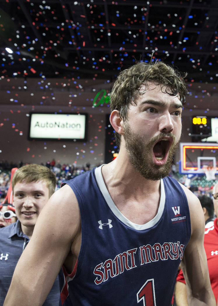 St. Mary's senior center Jordan Hunter (1) celebrates after the Gaels upset Gonzaga 60-47 to win the West Coast Conference championship on Tuesday, March 12, 2019, at Orleans Arena, in Las Vegas. ...