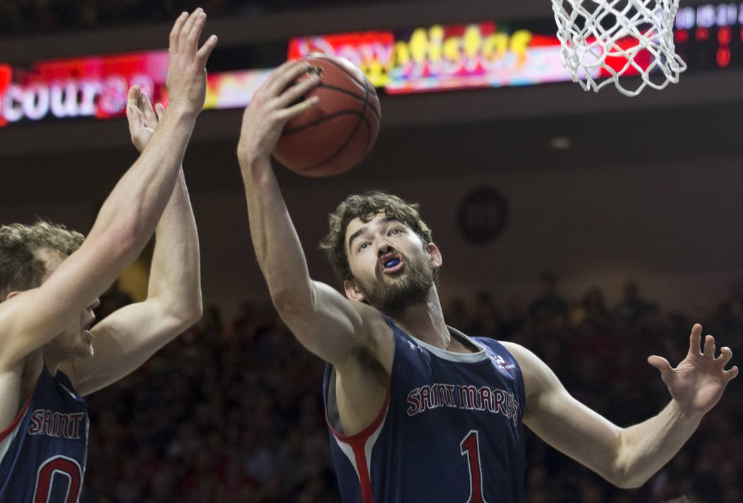 St. Mary's senior center Jordan Hunter (1) grabs a rebound in the first half during the Gaels West Coast Conference finals game with Gonzaga on Tuesday, March 12, 2019, at Orleans Arena, in Las Ve ...