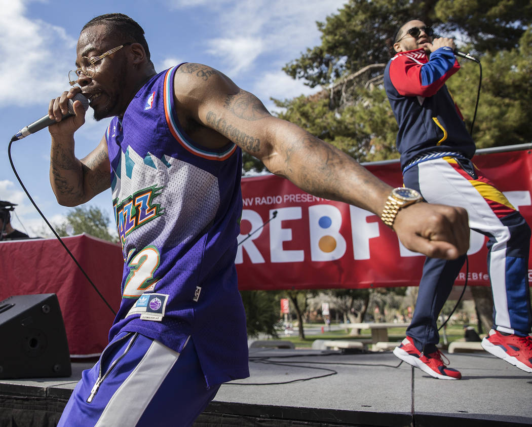 Jovi Jov, left, and Goliath Cruz perform at the RebFest Music Festival on Tuesday, March 12, 2019, at UNLV, in Las Vegas. (Benjamin Hager Review-Journal) @BenjaminHphoto