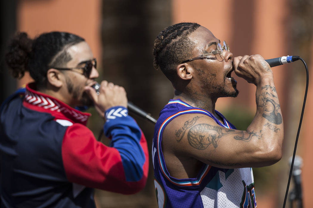 Jovi Jov, right, and Goliath Cruz perform at the RebFest Music Festival on Tuesday, March 12, 2019, at UNLV, in Las Vegas. (Benjamin Hager Review-Journal) @BenjaminHphoto