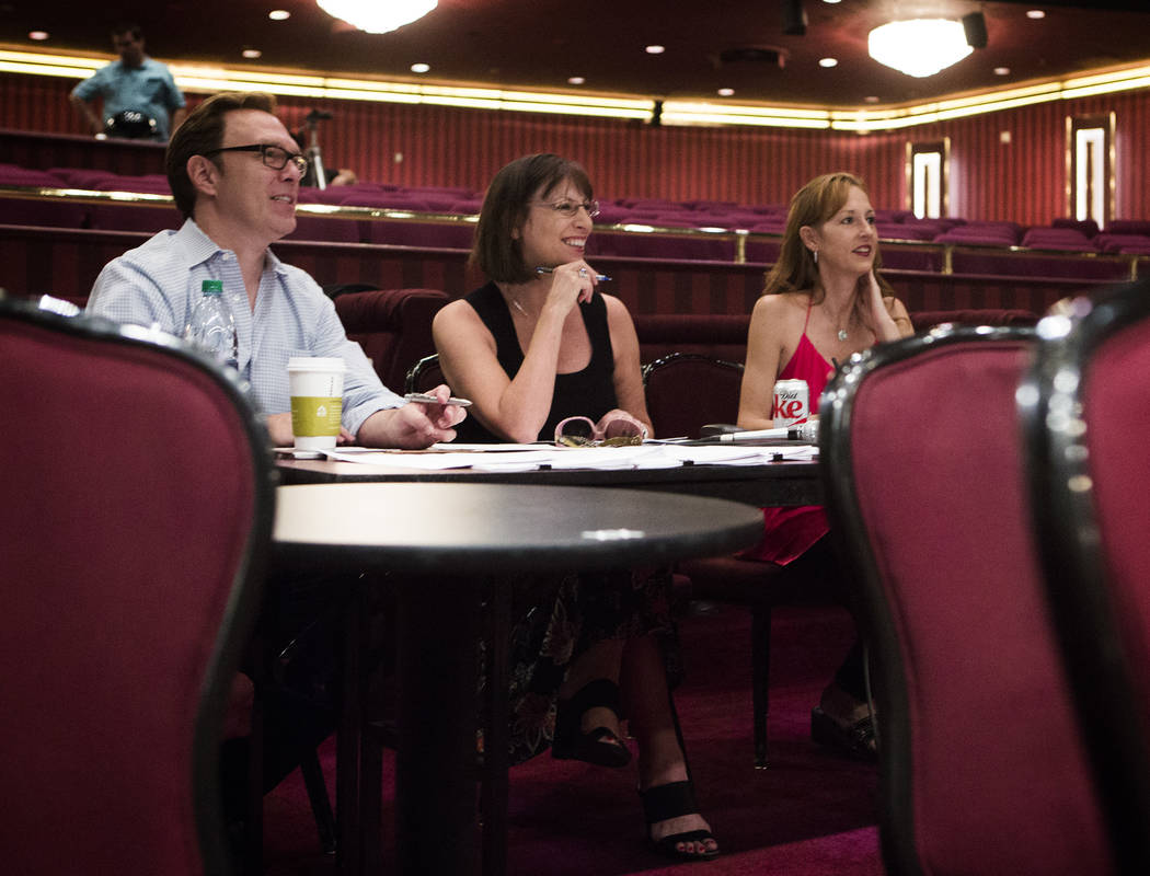 Gene Lubas, creative director for Jubilee, Diane Palm, company manager for Jubilee, and Suzanne Swanson, assistant company manager for Jubilee during male dance auditions for Jubilee at Bally' Las ...