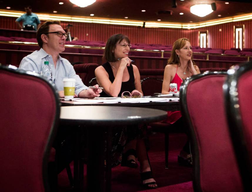 Gene Lubas, creative director for Jubilee, Diane Palm, company manager for Jubilee, and Suzanne Swanson, assistant company manager for Jubilee during male dance auditions for Jubilee at Bally' Las ...