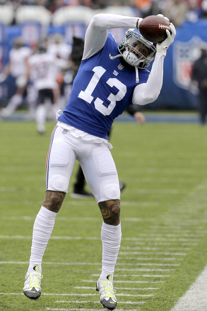 New York Giants wide receiver Odell Beckham works out prior to an NFL football game against the Chicago Bears, Sunday, Dec. 2, 2018, in East Rutherford, N.J. (AP Photo/Seth Wenig)