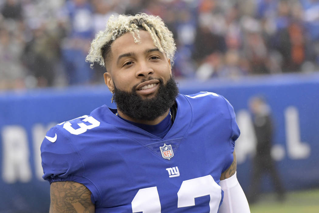 New York Giants wide receiver Odell Beckham looks on prior to an NFL football game against the Chicago Bears, Sunday, Dec. 2, 2018, in East Rutherford, N.J. (AP Photo/Bill Kostroun)