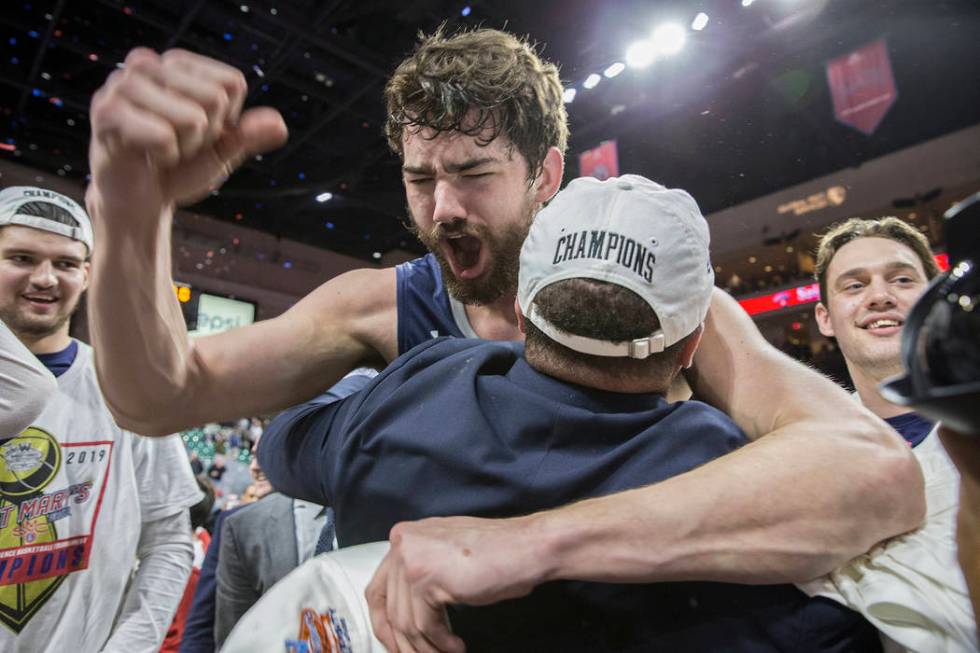 St. Mary's senior center Jordan Hunter (1) celebrates after the Gaels upset Gonzaga 60-47 to win the West Coast Conference championship on Tuesday, March 12, 2019, at Orleans Arena, in Las Vegas. ...