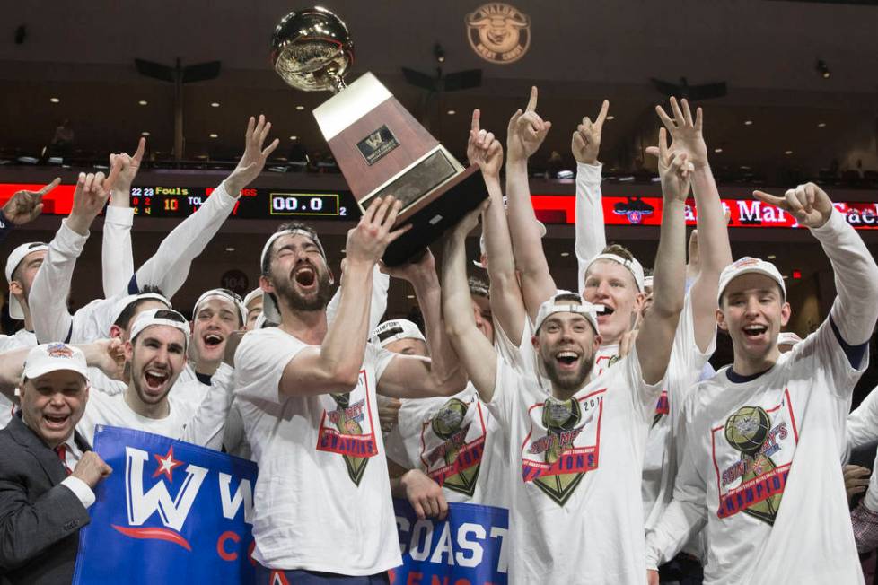 St. Mary's hoists the trophy after upsetting Gonzaga 60-47 to win the West Coast Conference championship on Tuesday, March 12, 2019, at Orleans Arena, in Las Vegas. (Benjamin Hager Review-Journal) ...