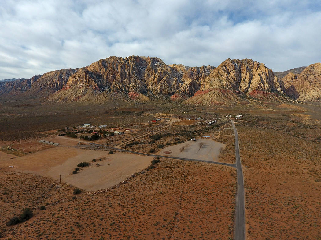 Aerial view of Bonnie Springs Ranch on Wednesday, February 20, 2019, where the Clark County Planning Commission has approved a plan to build 20 homes on 64 acres after the property was sold to a d ...