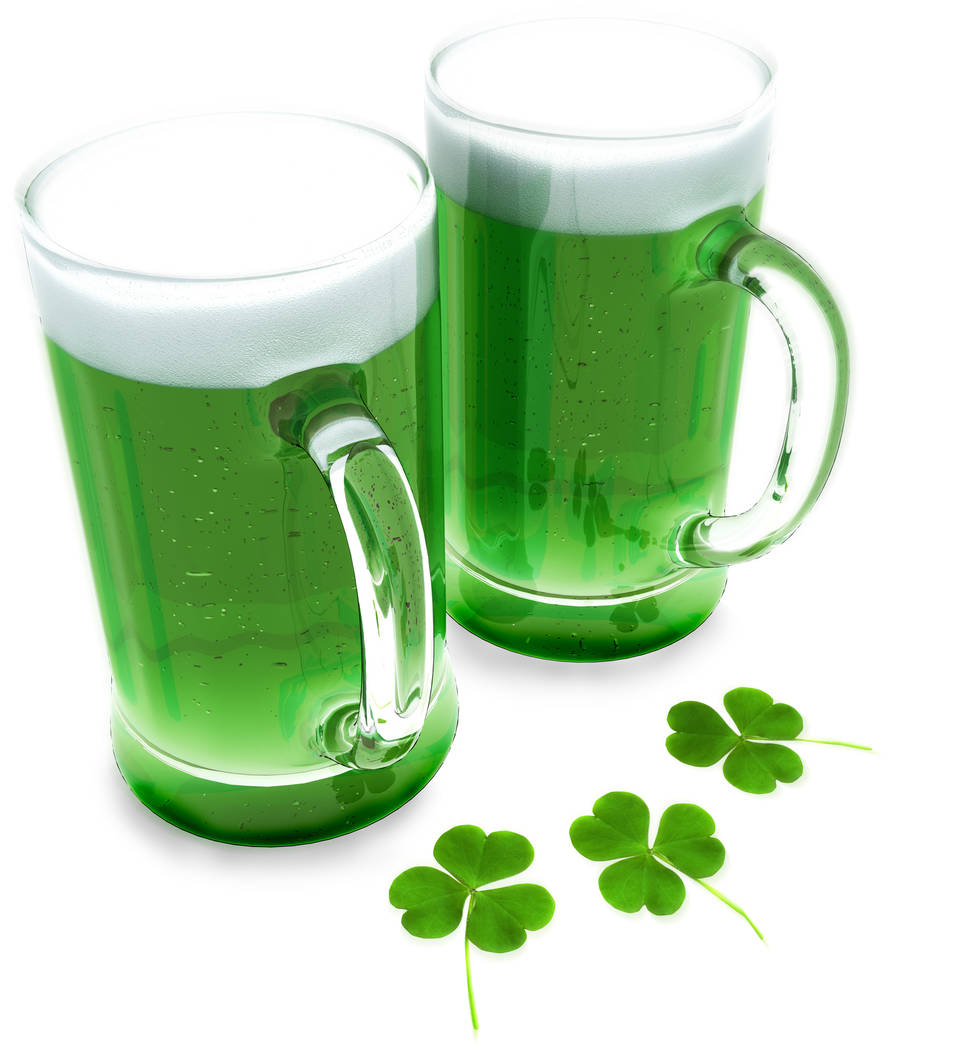 Two green beer's with clovers for St Patrick's day isolated on a white background