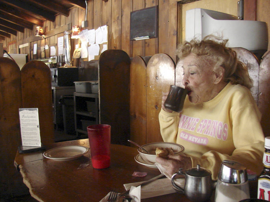Bonnie McGaugh, founder of the Bonnie Springs petting zoo, has breakfast at her restaurant, the Bonnie Springs Ranch Restaurant, after making her morning visit to the animals on Tuesday, March 24, ...