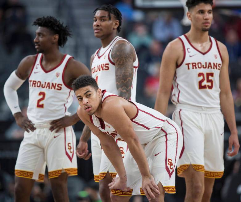 USC junior guard Derryck Thornton, front/middle, a Findlay Prep graduate, waits for a play call in the first half during the Pac-12 tournament on Wednesday, March 13, 2019, at T-Mobile Arena, in L ...