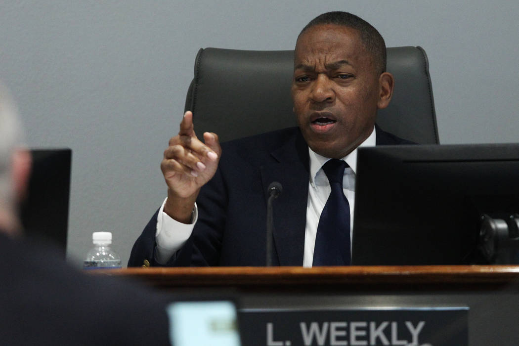 Clark County Commissioner Lawrence Weekly, board member for the Las Vegas Convention and Visitors Authority, speaks during a board meeting at the Las Vegas Convention Center in Las Vegas, Tuesday, ...