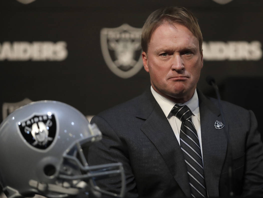 Oakland Raiders coach Jon Gruden listens to questions from the media during an NFL news conference regarding the signing of wide receiver Antonio Brown Wednesday, March 13, 2019, in Alameda, Calif ...