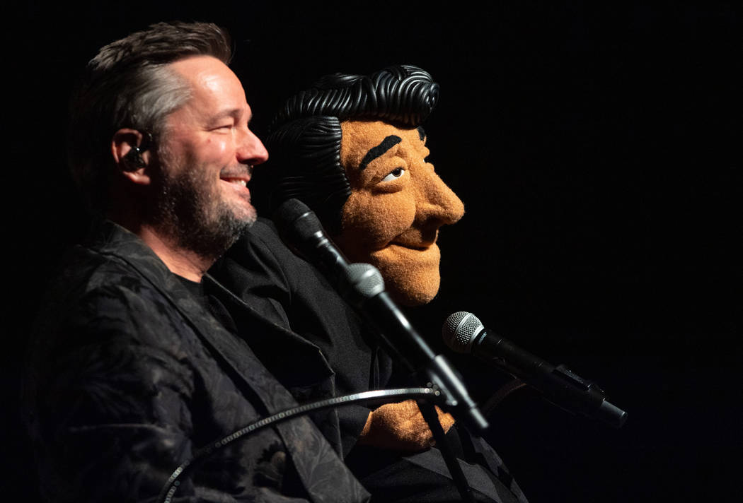 Terry Fator performs with his Dean Martin puppet, which he's bringing into his updated show, " “An Evening With the Stars,” as he celebrates 10 years at the Mirage. (Tom Donoghue)