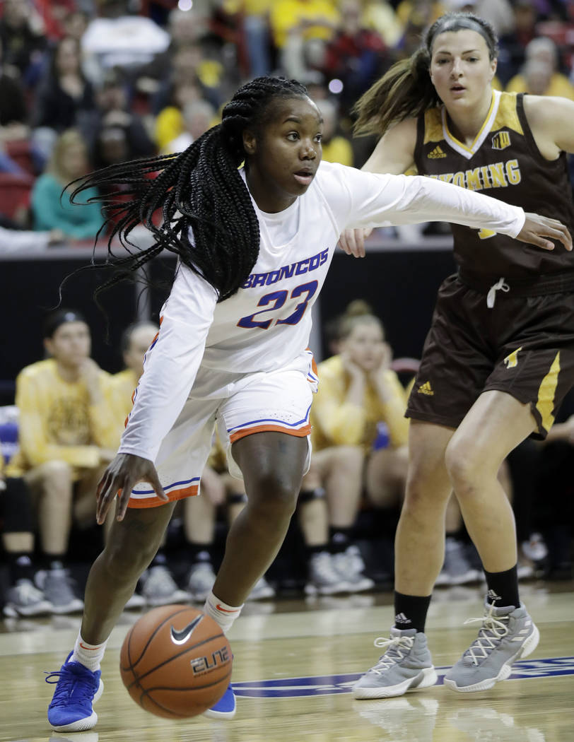 Boise State celebrates defeating Wyoming 68-51 in an NCAA college basketball game for the Mountain West Conference women's tournament championship Wednesday, March 13, 2019, in Las Vegas. (AP Phot ...