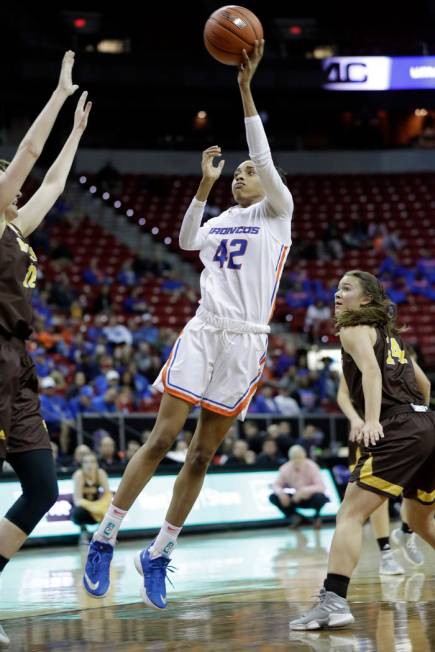 Boise State players celebrate after defeating Wyoming in an NCAA college basketball game for the Mountain West Conference women's tournament championship Wednesday, March 13, 2019, in Las Vegas. B ...