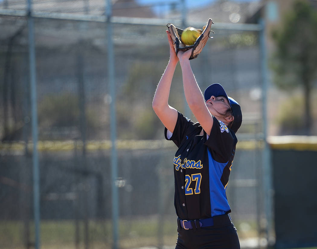 Sierra Vista's Jessica Schneider (27) catches a ball in the first inning of a softball game against at Palo Verde High School in Las Vegas, Thursday, March 14, 2019. (Caroline Brehman/Las Vegas R ...