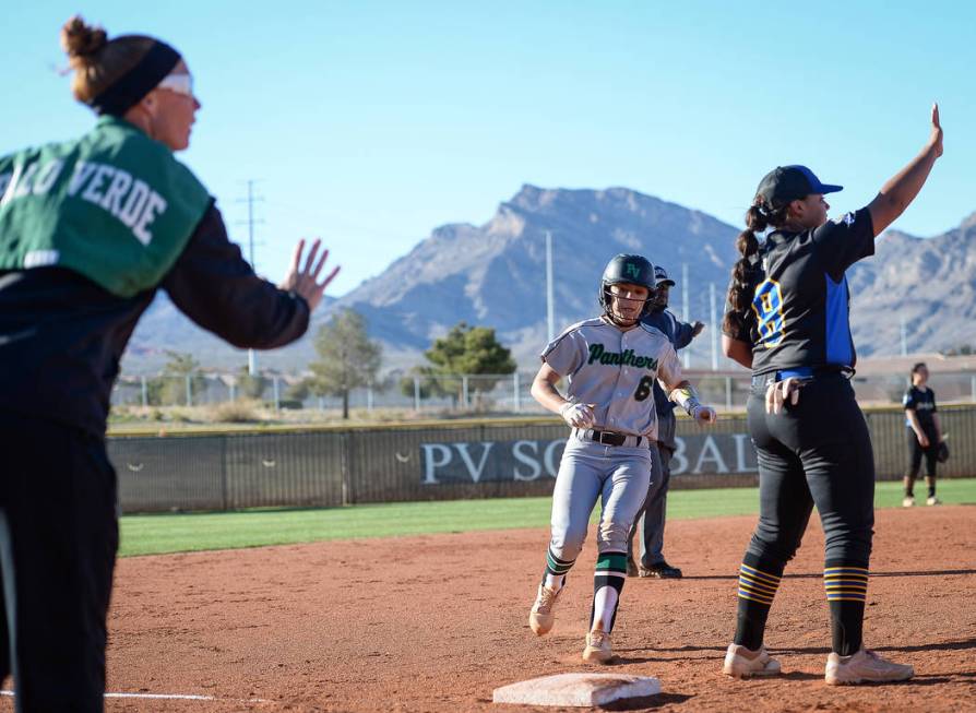 Palo Verde's Alyssa Lybbert (6) runs into third base in the fixth inning of a softball game against at Palo Verde High School in Las Vegas, Thursday, March 14, 2019. (Caroline Brehman/Las Vegas Re ...