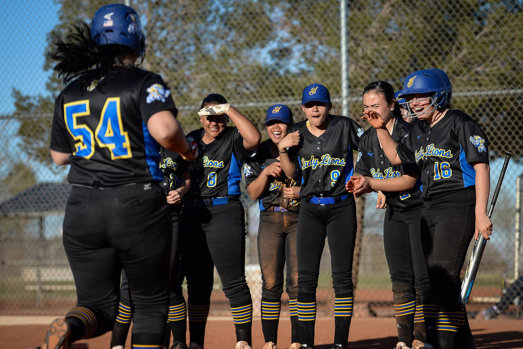 Sierra Vista's Mia Buranamontri (54) runs into home plate after hitting a home run in the seventh inning of a softball game against at Palo Verde High School in Las Vegas, Thursday, March 14, 2019 ...