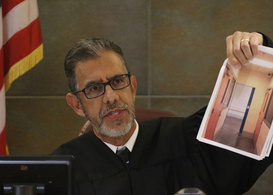 District Judge Michael Villani presides during Alexis Plunkett's, the jailed Las Vegas defense lawyer, bail hearing at the Regional Justice Center on Thursday, March. 14, 2019, in Las Vegas. Bizu ...