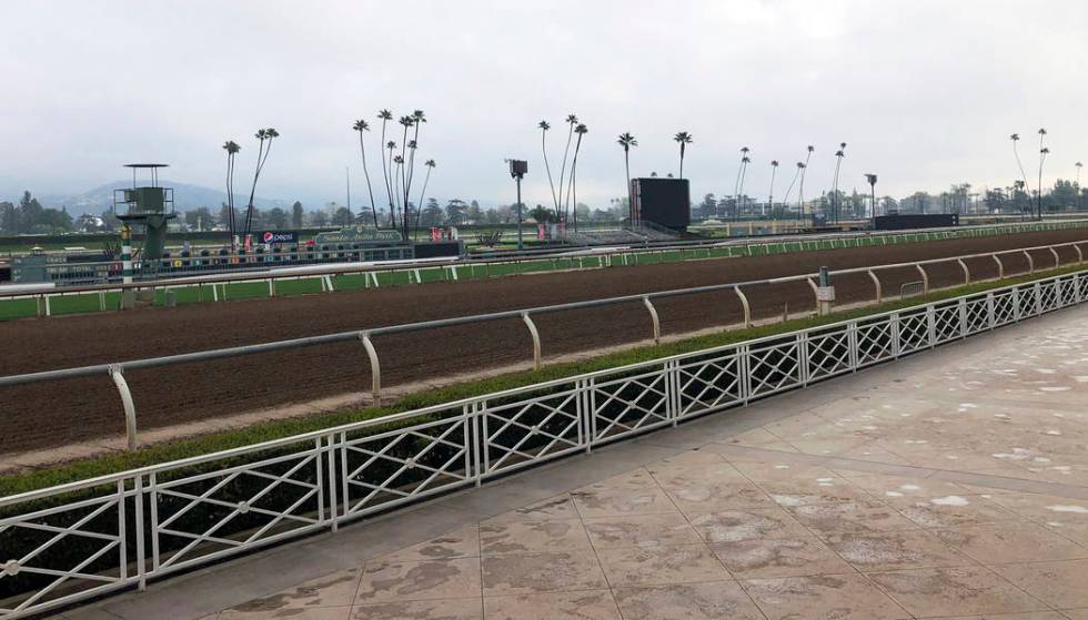 The home stretch and stands are empty at Santa Anita Park in Arcadia, Calif., Thursday, March 7, 2019. Extensive testing of the dirt track is under way at eerily quiet Santa Anita, where the death ...