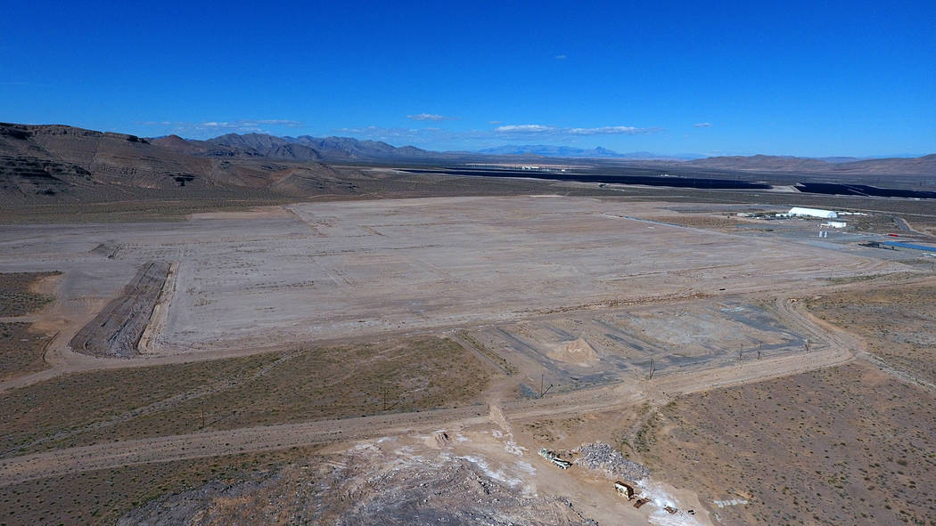 Aerial view of 900 acres at Apex Industrial Park that Faraday Future has put on the market for $40 million after bailing on its North Las Vegas auto factory plans. Thursday March 14, 2019. (Michae ...