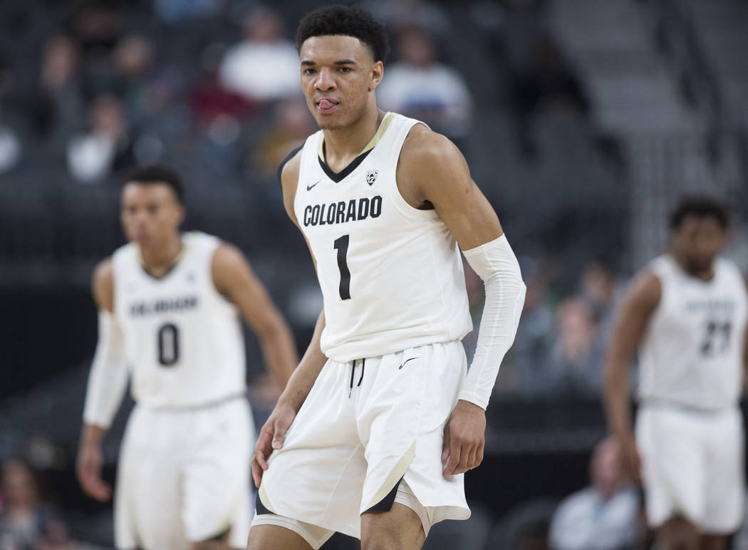 Colorado sophomore guard Tyler Bey (1), a Las Vegas native, runs up court during the Buffalo's Pac-12 tournament game with California on Wednesday, March 13, 2019, at T-Mobile Arena, in Las Vegas. ...