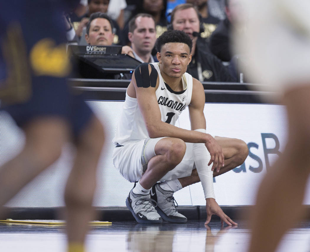Colorado sophomore guard Tyler Bey (1), a Las Vegas native, waits to check in during the first half of the Buffalo's Pac-12 tournament game with California on Wednesday, March 13, 2019, at T-Mobil ...