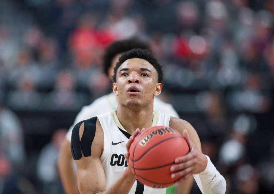 Colorado sophomore guard Tyler Bey (1), a Las Vegas native, shoots a free throw in the second half during the Buffalo's Pac-12 tournament game with California on Wednesday, March 13, 2019, at T-Mo ...