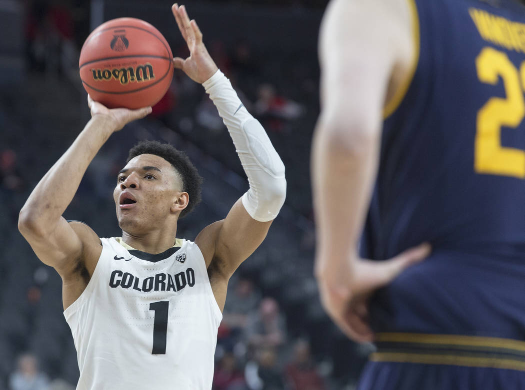 Colorado sophomore guard Tyler Bey (1), a Las Vegas native, shoots a free throw in the second half during the Buffalo's Pac-12 tournament game with California on Wednesday, March 13, 2019, at T-Mo ...